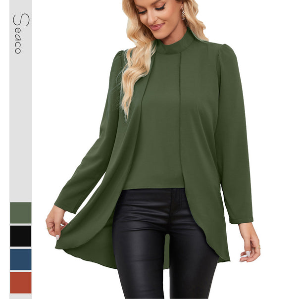 Women Casual Chiffon Blouse with Stand Collar and Extended Peplum Detail Mune Fashion