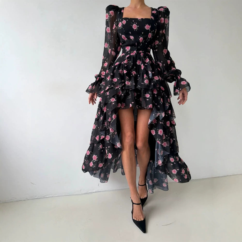 Women's maxi dress with layered ruffle high-low hem, square neckline, and sheer puff sleeves