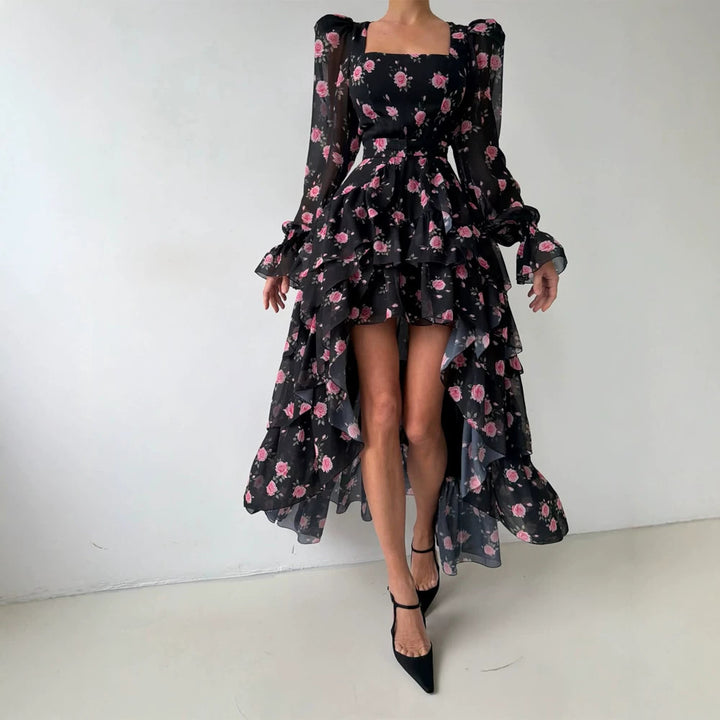 Women's maxi dress with layered ruffle high-low hem, square neckline, and sheer puff sleeves