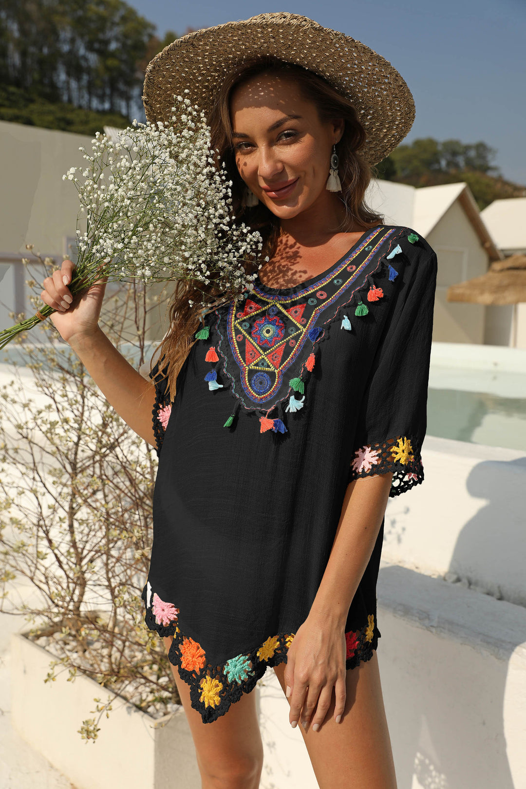 Women's airy kaftan with colorful crochet pattern Mune Fashion