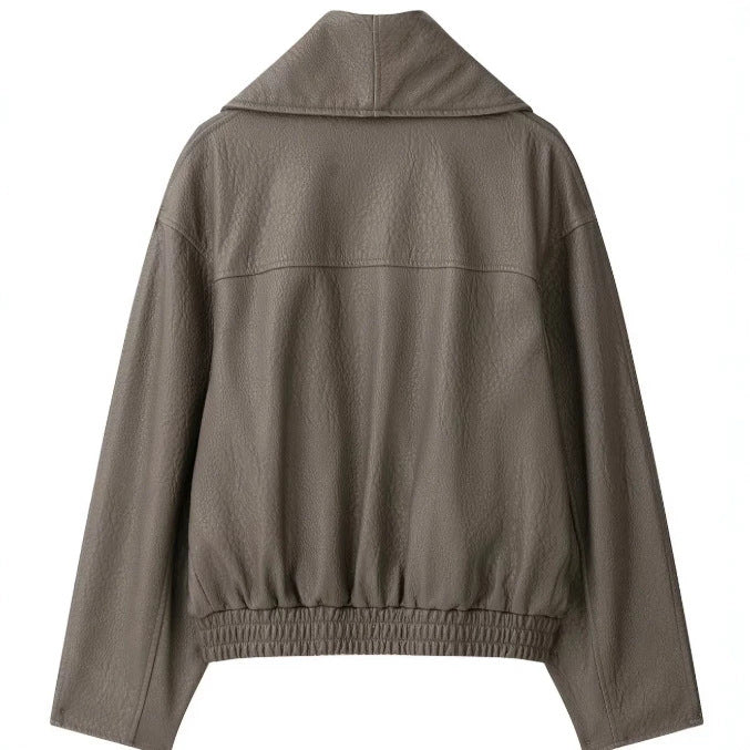 Women's Short Cut Faux Leather Bomber Jacket with Wide Shawl Collar Mune Fashion