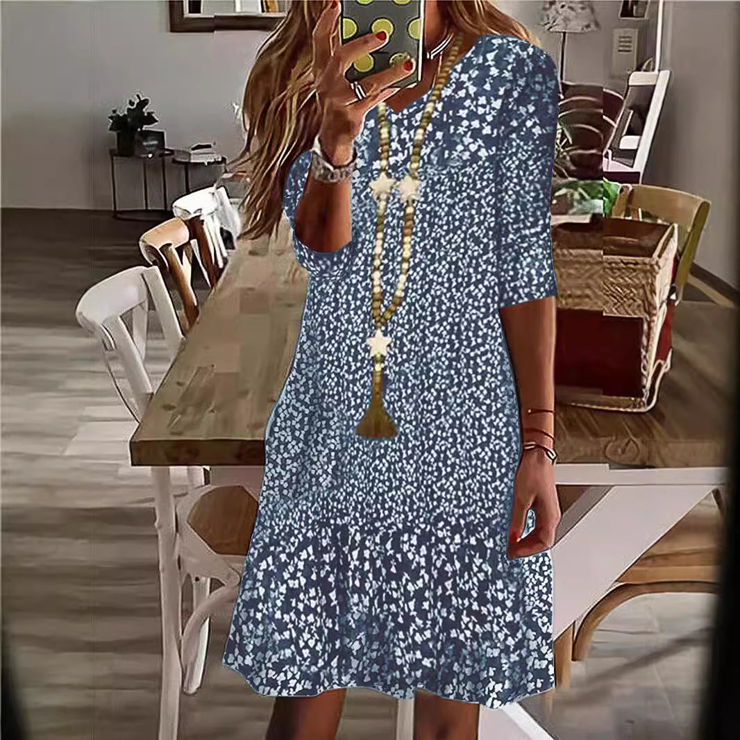 Women Casual Midi Dress with Ruffle Hem, Three-Quarter Sleeves and Floral Print Mune Fashion