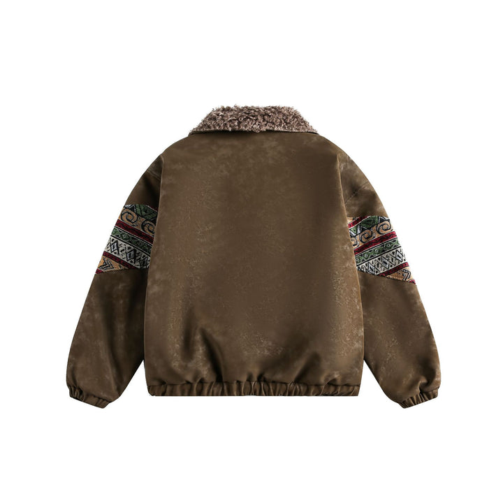 Ladies Short Suede Bomber with Faux Fur Collar and Ethnic Knit Inserts Mune Fashion
