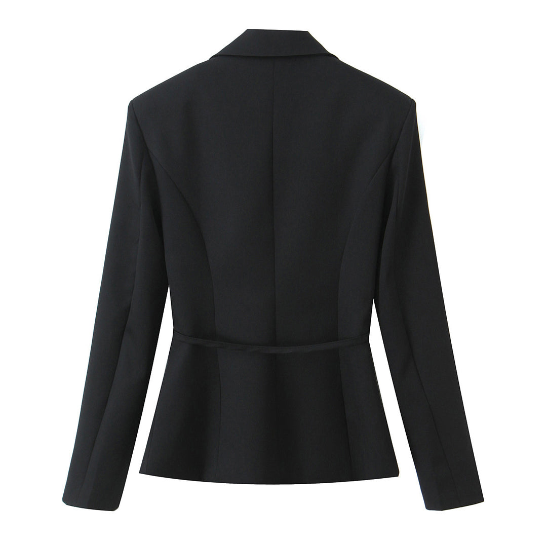 Women's Two-Piece Tailored Blazer and Midaxi Skirt Set with Rose Appliqué on the Belt and Polka Dot Skirt Mune Fashion
