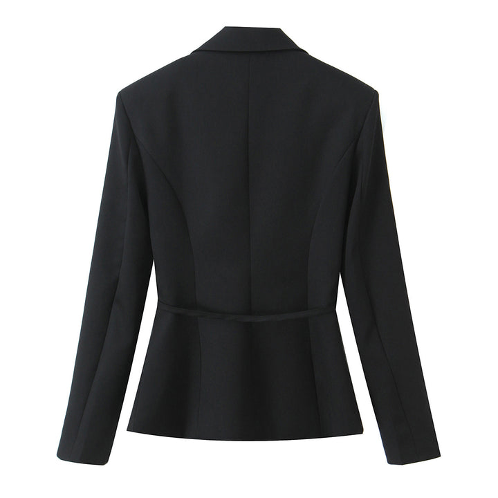 Women's Two-Piece Tailored Blazer and Midaxi Skirt Set with Rose Appliqué on the Belt and Polka Dot Skirt Mune Fashion