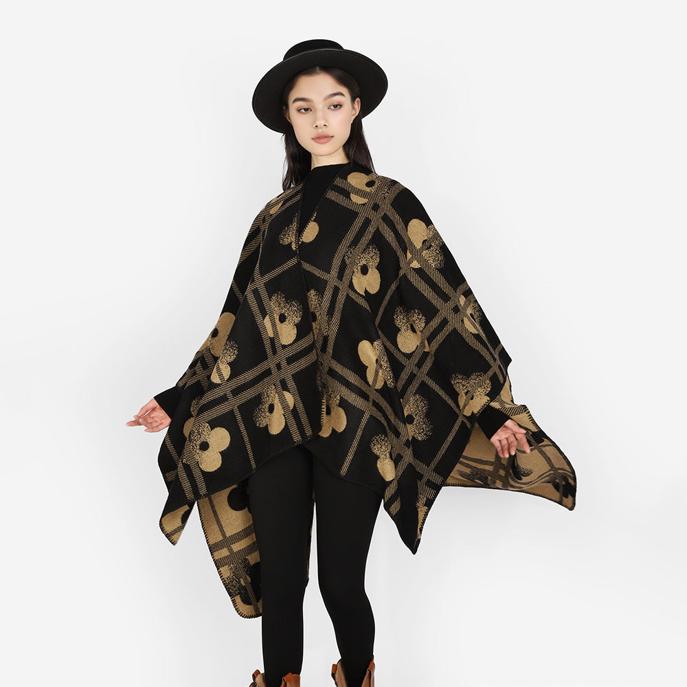 Women Coarse Woven Blanket Poncho in Ruana Cut with Floral Check Jacquard Mune Fashion