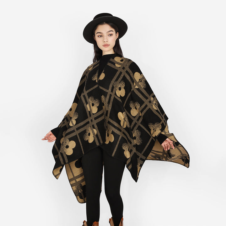Women's Reversible Jacquard Poncho made of wool blend with floral check pattern and decorative piping seam Mune Fashion