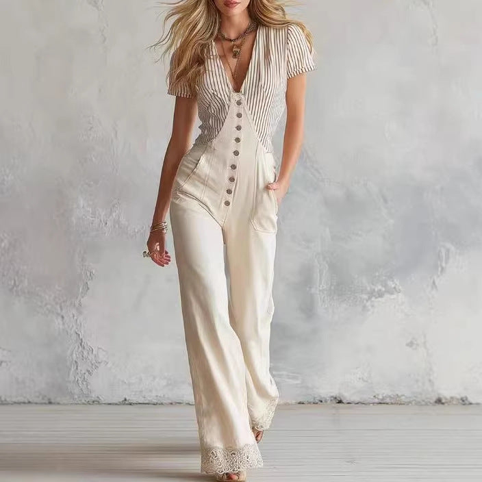 Women's Tailored Jumpsuit with V-Neck, Button Placket and Lace Trim Mune Fashion