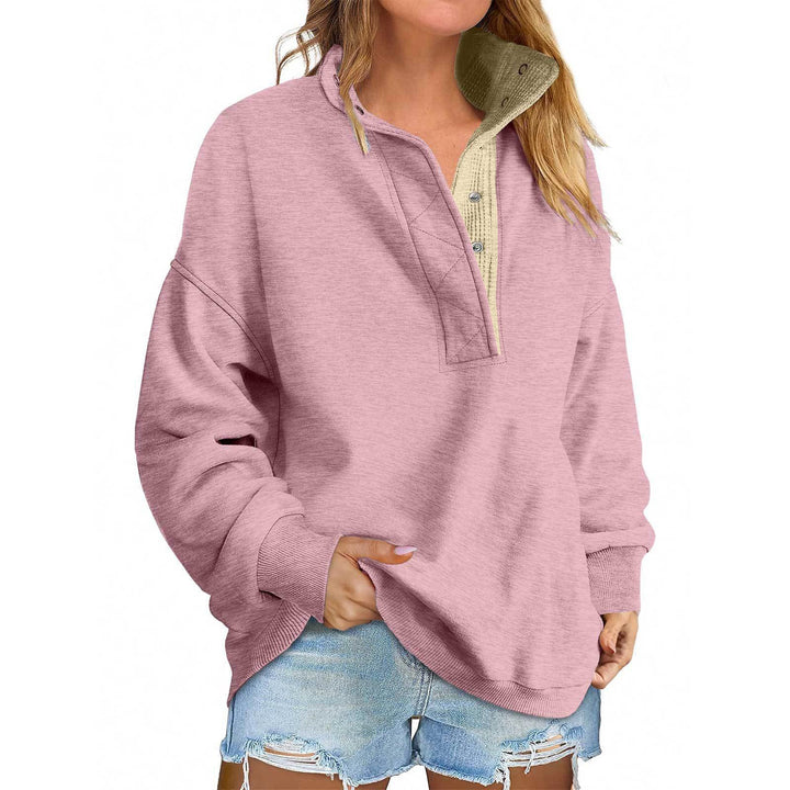Women's Oversized Henley Sweatshirt with Stand-Up Collar and Snap Button Placket Mune Fashion