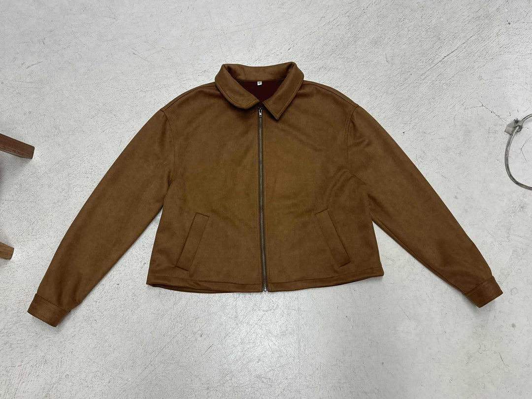 Women's Short-cut Suede Look Blouson Jacket with Shirt Collar and Zipper Mune Fashion