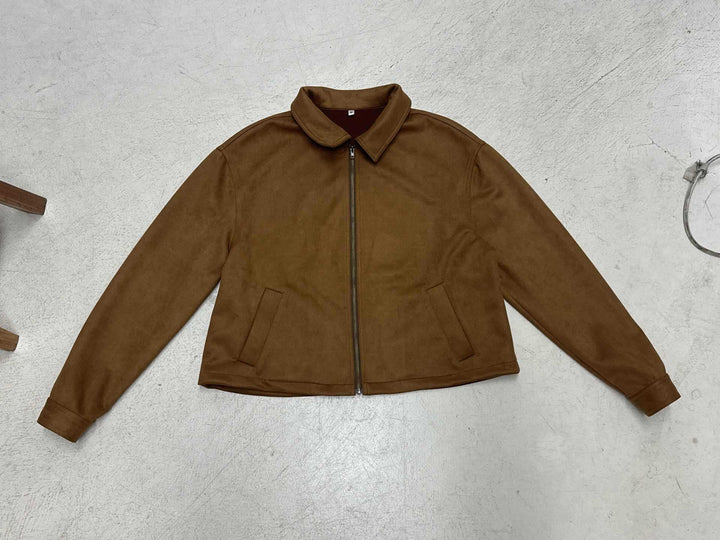 Women's Short-cut Suede Look Blouson Jacket with Shirt Collar and Zipper Mune Fashion