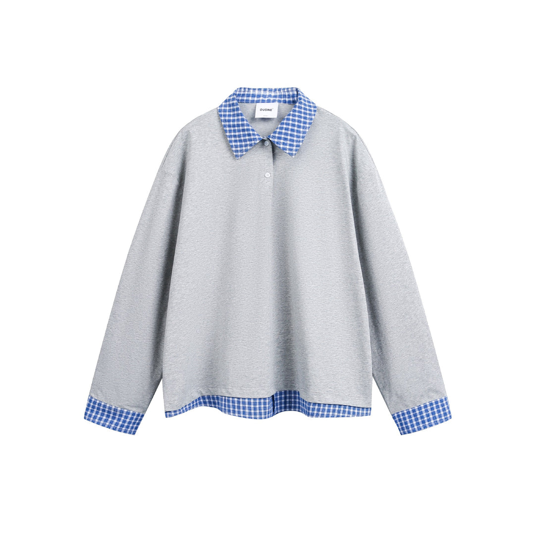 Unisex Wide cut sweatshirt with check collar and hem insert Mune Fashion