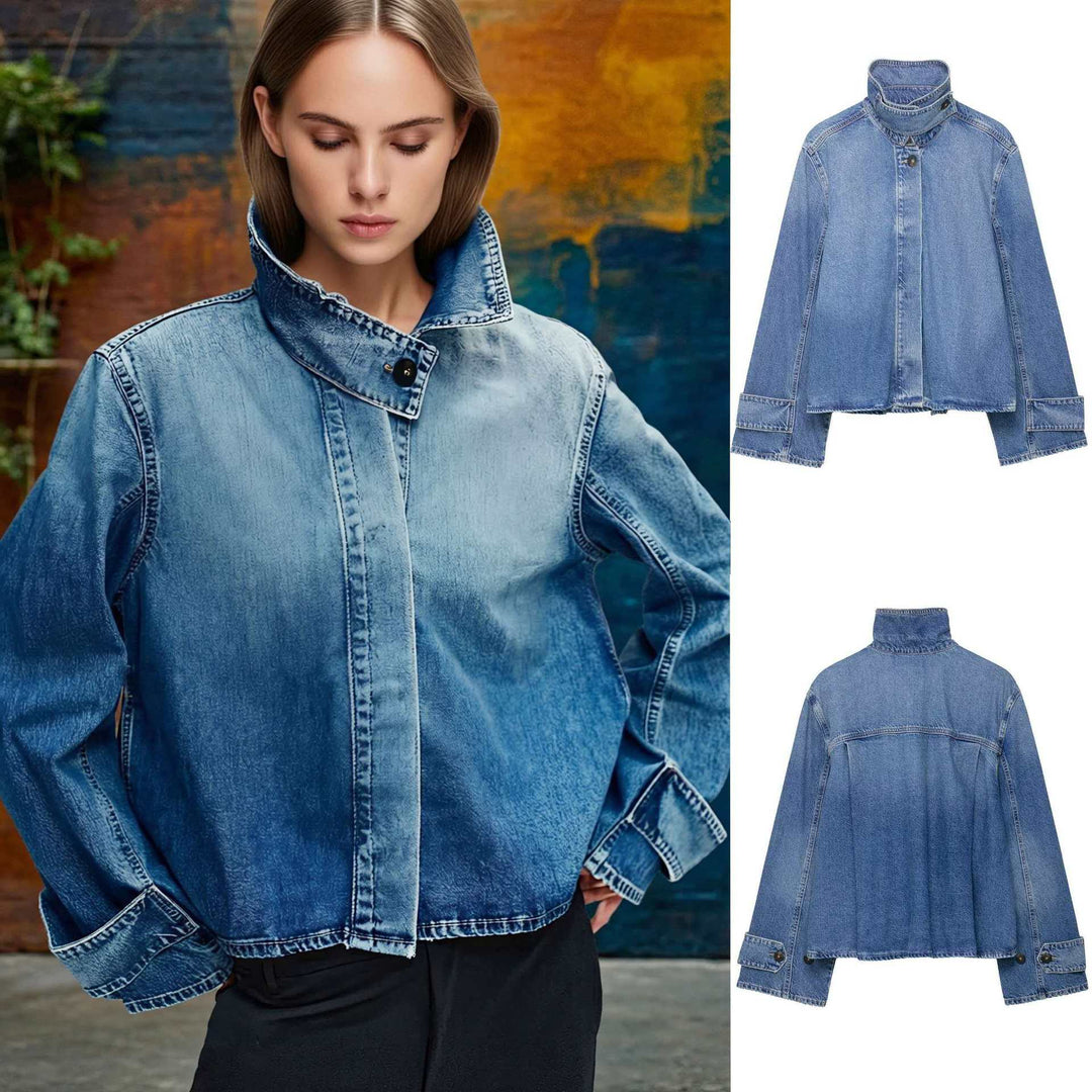Women's cropped Boxy denim jacket with high wrap or stand collar and concealed button placket Mune Fashion