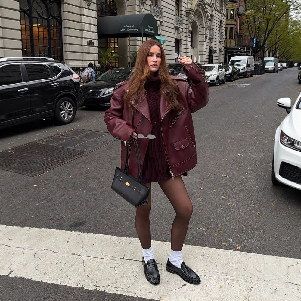 Women Oversize Biker Jacket made of textured synthetic leather with asymmetrical zipper Mune Fashion