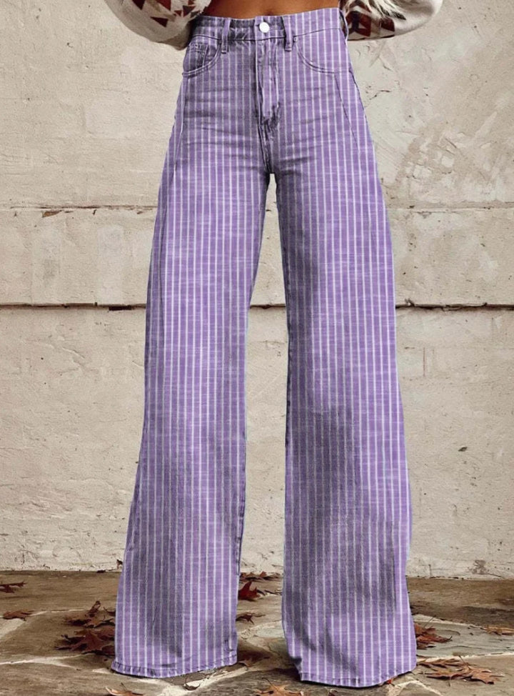 Women's wide trousers with a high waistband in linen look and vertical pinstripes flared trousers Mune Fashion