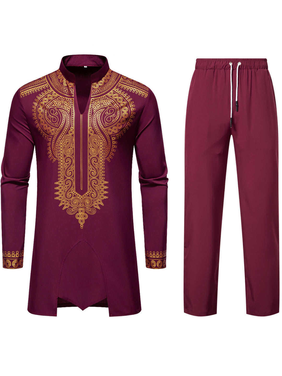 Men's Traditional Embroidered Tunic Set with Mandarin Collar and Elastic Pants Mune Fashion