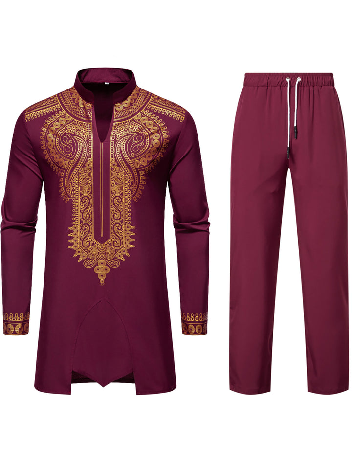 Men's Traditional Embroidered Tunic Set with Mandarin Collar and Elastic Pants Mune Fashion