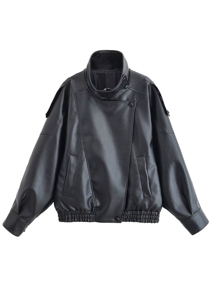 Women's Oversized Faux Leather Bomber Jacket with High Stand-Up Collar, Snap Button Placket and Smocked Cuffs Mune Fashion