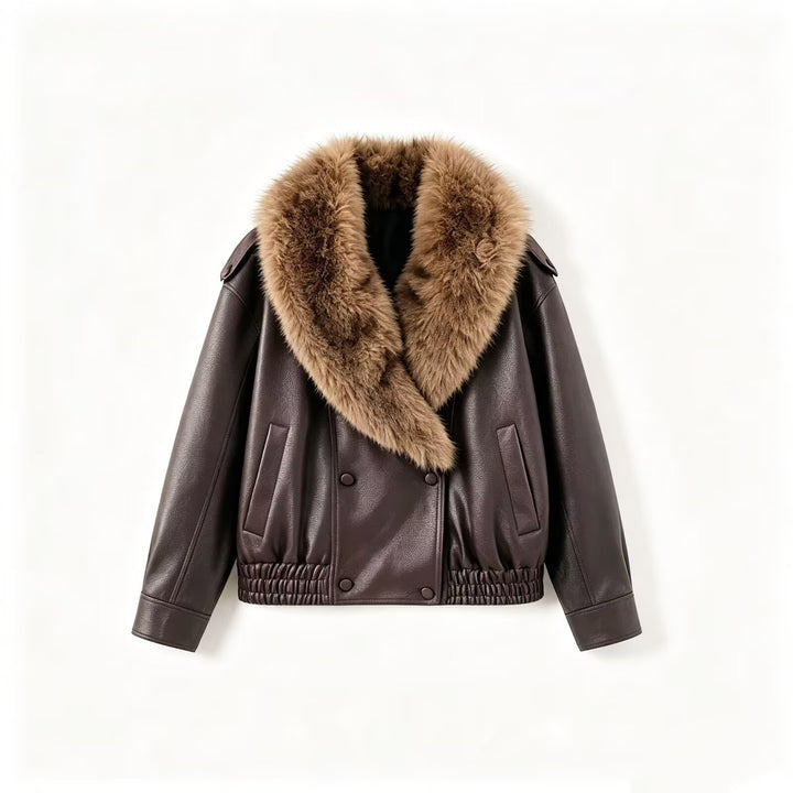 Women's short jacket made of leather look with large faux fur collar Drune