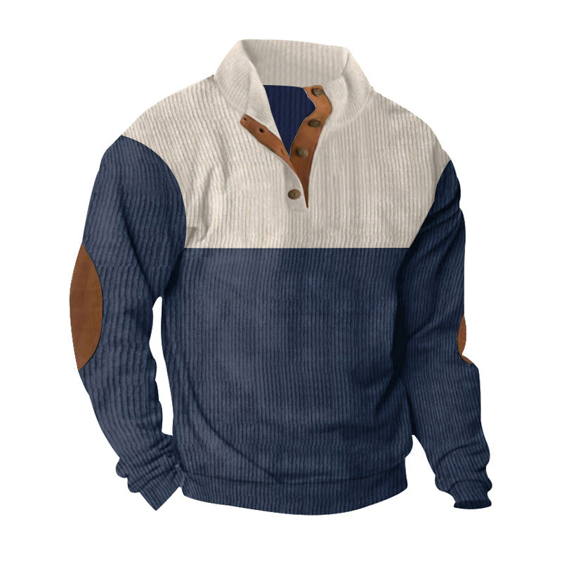 Men's casual knitted sweater with button placket, stand-up collar and elbow patches Mune Fashion