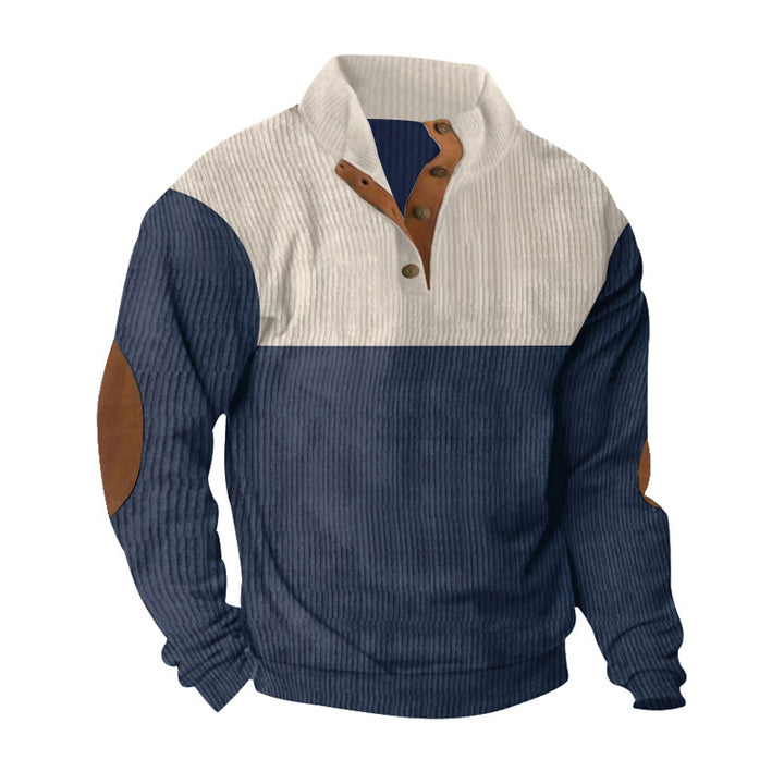 Men's casual knitted sweater with button placket, stand-up collar and elbow patches Mune Fashion