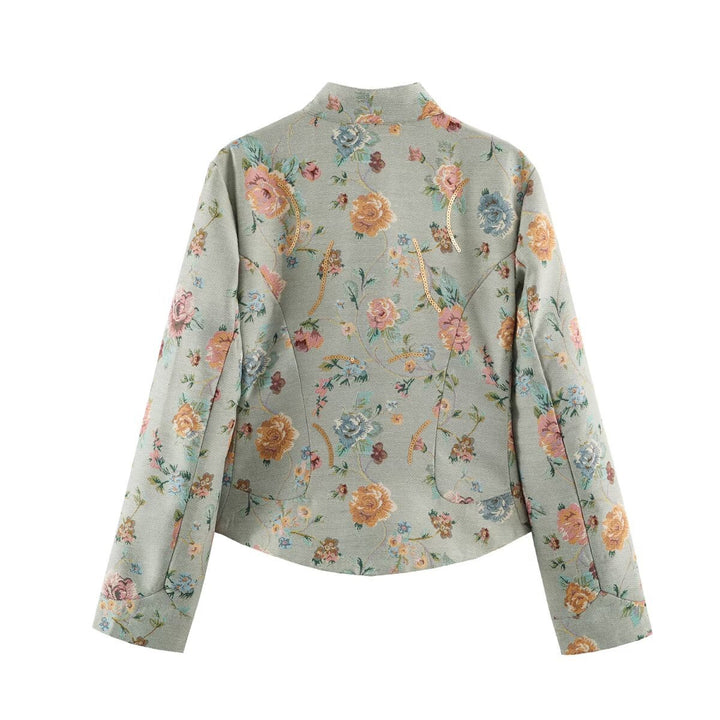 Women's Embroidered Jacquard Short Jacket with Mandarin Collar and Flap Pockets Mune Fashion