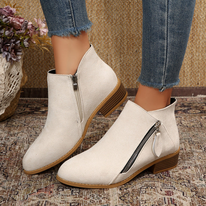 Women's Modern Ankle Boot with Visible Metal Zipper and Low Wood-Look Block Heel Mune Fashion