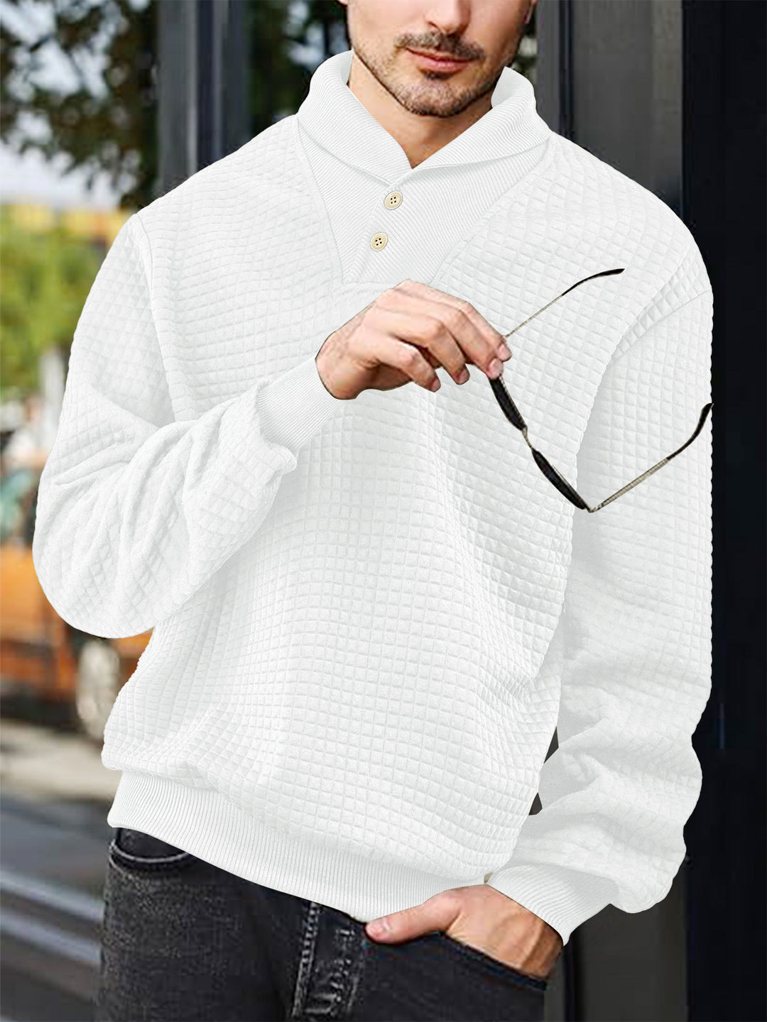 Men's elegant knitted pullover with shawl collar, button placket at neckline and check waffle texture Mune Fashion