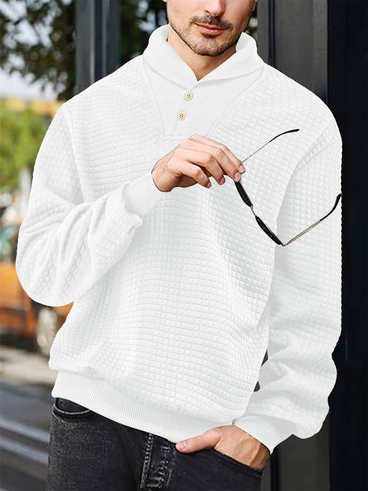 Men's elegant knitted pullover with shawl collar, button placket at neckline and check waffle texture Mune Fashion