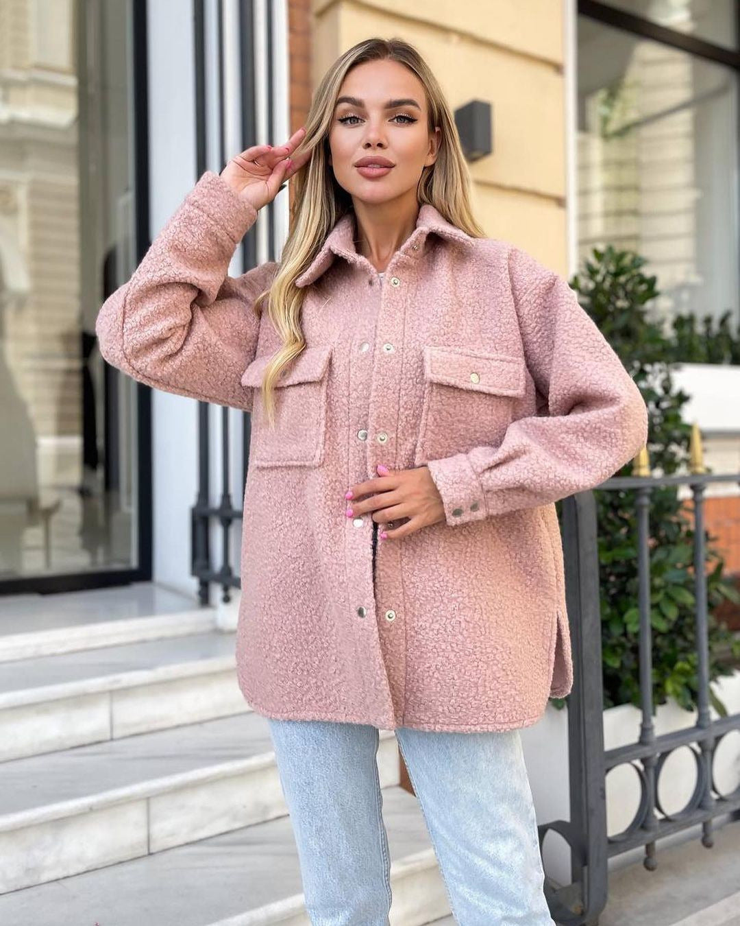 Women's Oversized Teddy Transitional Jacket with Chest Pockets and Snap Buttons Mune Fashion