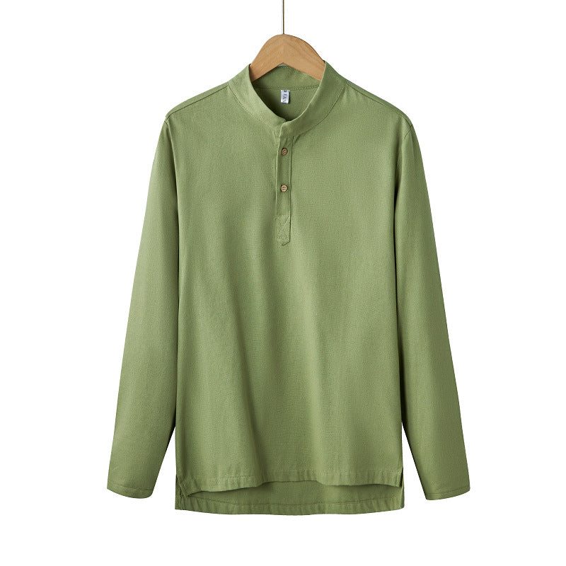 Men's long-sleeved Henley shirt with stand-up collar and concealed button placket made of cotton blend Mune Fashion