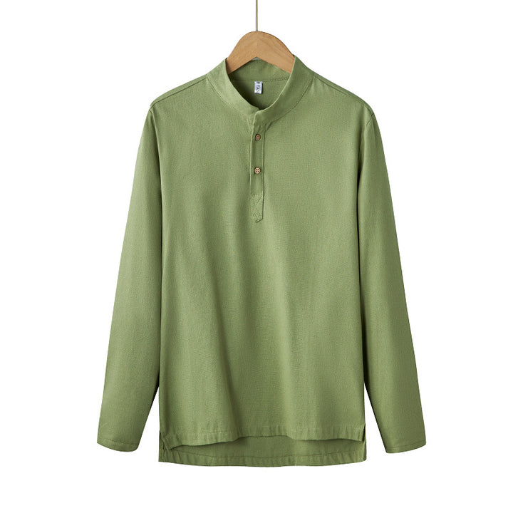 Men's long-sleeved Henley shirt with stand-up collar and concealed button placket made of cotton blend Mune Fashion