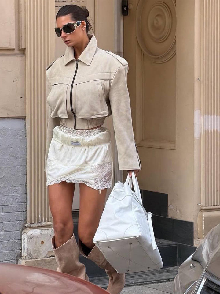 Women's Short Cut Suede Bomber Jacket with Zipper and Tailored Ribbed Cuffs Mune Fashion
