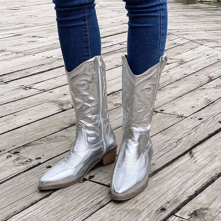 Women nan cowboy boots with mid-high block heel and side zipper Mune Fashion