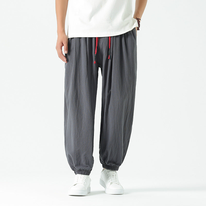 Men's loosely cut linen-cotton pants with drawstring and elastic cuffs Mune Fashion