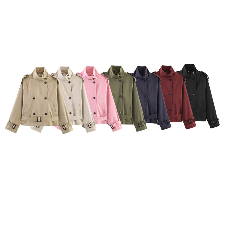 Women's cropped trench coat with standing collar double button placket and waist belt Mune Fashion