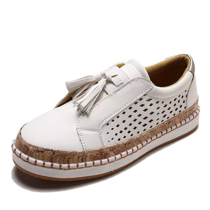 Women's Nano Perforated Slip-On Sneakers with Tassels, Cork Platform, and Decorative Hand Stitching Mune Fashion