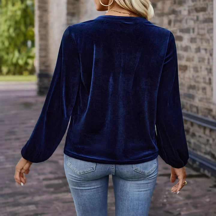 Women's velour sweatshirt with Henley button placket, gathered chest yoke, and relaxed silhouette Mune Fashion