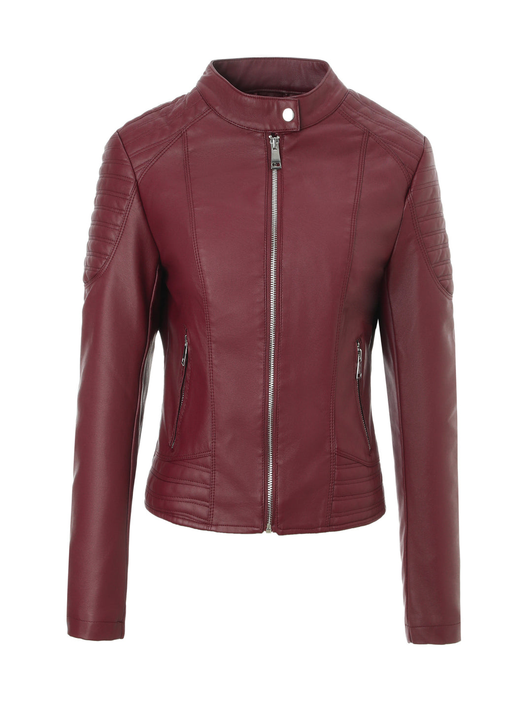 Women's Tailored Faux Leather Biker Jacket with Stand Collar and Quilted Details Mune Fashion