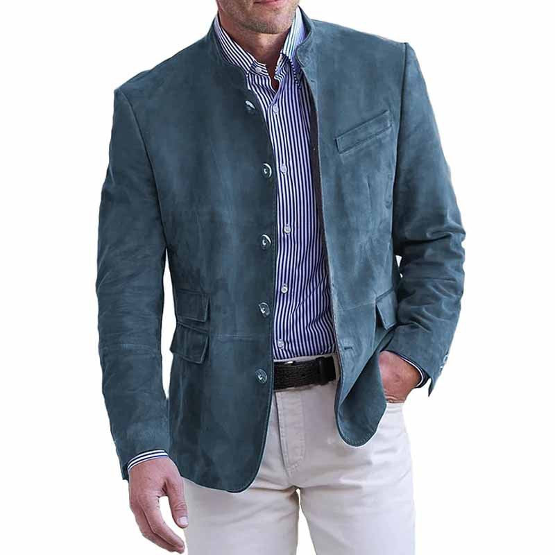 Men's Velour Leather Blazer with Stand Collar and Flap Pockets Mune Fashion
