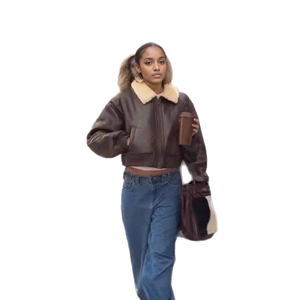 Ladies Oversized Pilot Jacket in Biker Bomber Style with Teddy Collar Mune Fashion