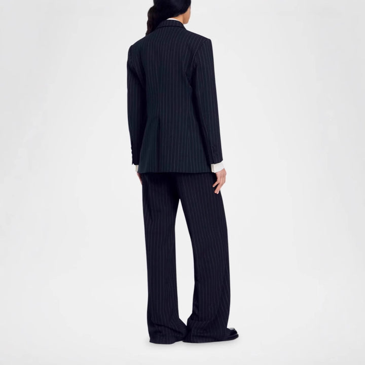 Women Double-Breasted Pinstripe Suit with Oversized Blazer and Wide Pleated Pants Mune Fashion