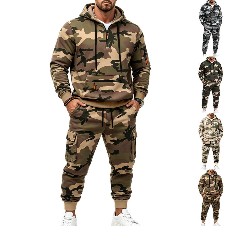Men's Camouflage Hoodie Sweatshirt and Jogging Pants Set with Cargo Pockets and Zippers Mune Fashion