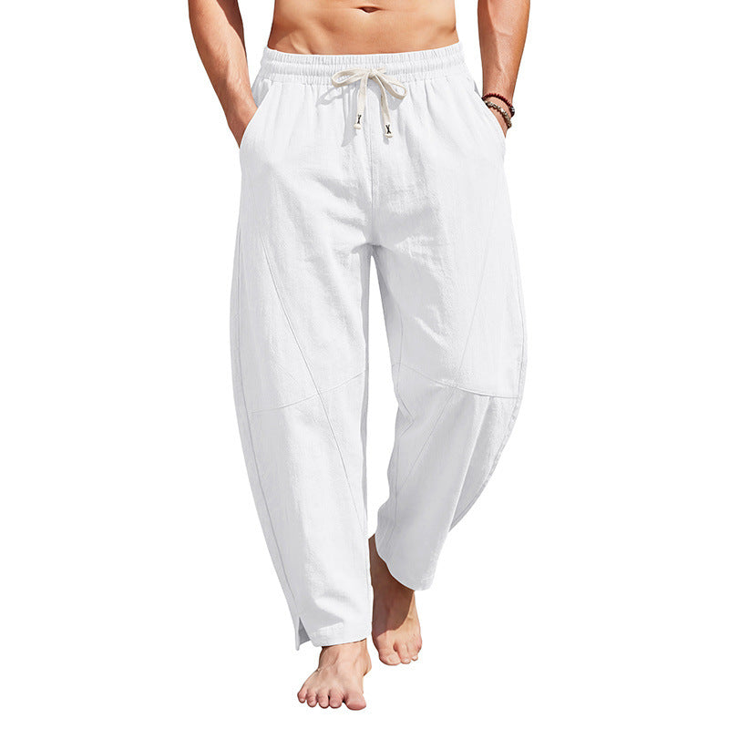 Men's ankle-length casual trousers made of linen blend with elastic drawstring waistband and side slits.