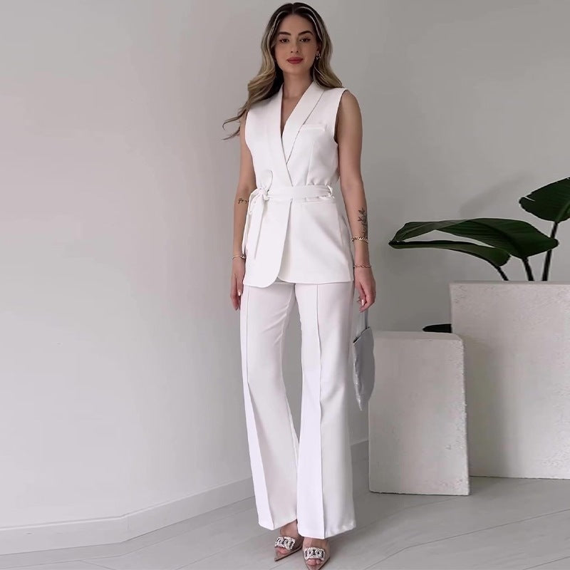 Women's Sleeveless Blazer Set with Tailored Tie Belt and High-Waist Flared Pants Mune Fashion