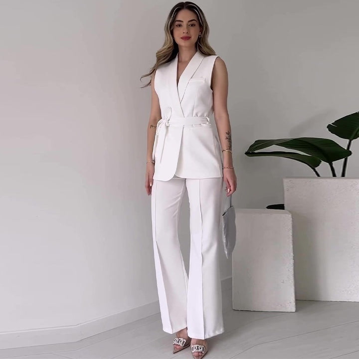 Women's Sleeveless Blazer Set with Tailored Tie Belt and High-Waist Flared Pants Mune Fashion