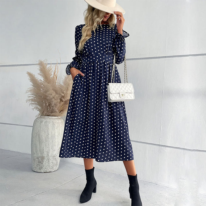 Women's Polka Dot Midi Dress with Ruffled Waist and Balloon Sleeves Mune Fashion