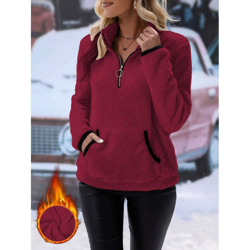 Women's fluffy fleece cuddle pullover with half zipper, kangaroo pocket and stand-up collar Mune Fashion