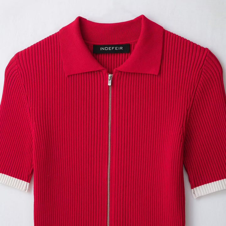 Women Ribbed Short Sleeve Polo Cardigan with Full Zip Mune Fashion
