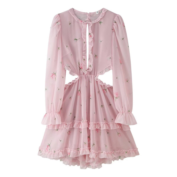 Women's Romantic Chiffon Mini Dress with Waist Cutouts, Ruffles and Puff Sleeves Mune Fashion